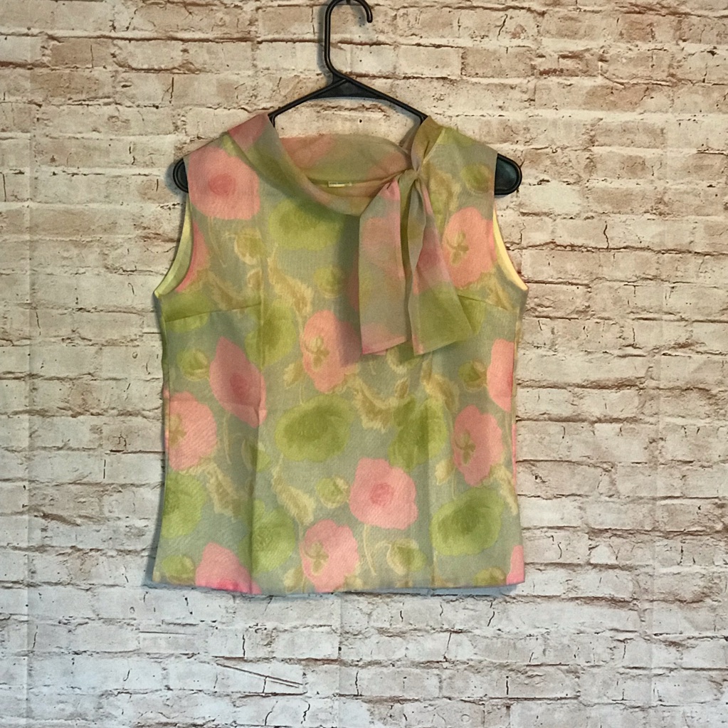 Vintage Teagal Water Color Pussy Bow Floral Top S